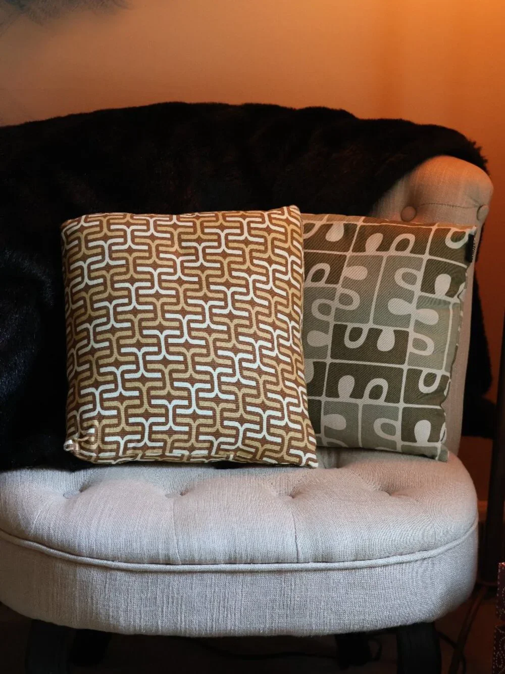 Mid Century Modern Geometric Throw Pillows Set of 2 Olive Green Brown Atomic MCM